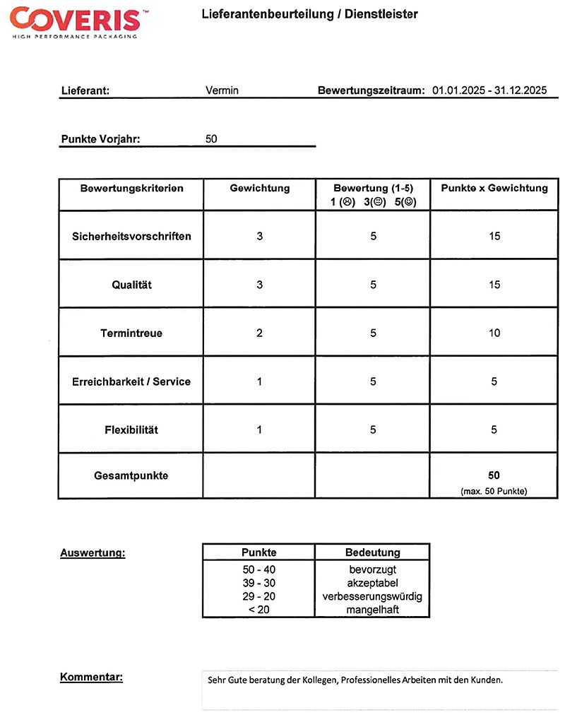 Lieferantenbeurteilung - Vermin Kopietz - Bielefeld